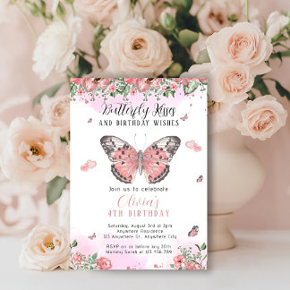Pink and Gold Butterfly Kisses Invitation
