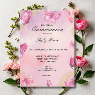 Pink and Gold Butterfly Quinceanera Invitation
