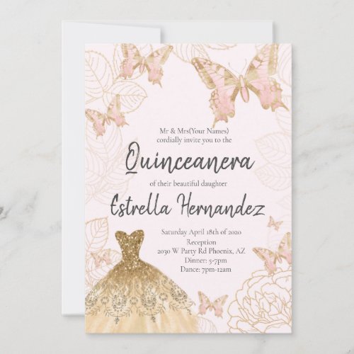 Pink and Gold Butterfly Quinceanera Invitation