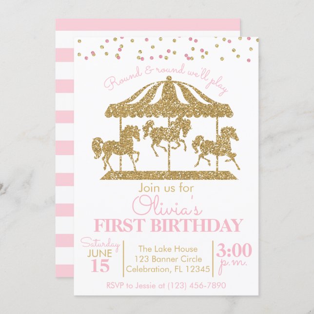 Pink and Gold Carousel Girls Birthday Invitation (Front/Back)