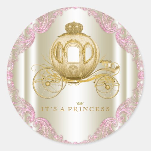 Pink and Gold Carriage Princess Baby Shower Classic Round Sticker