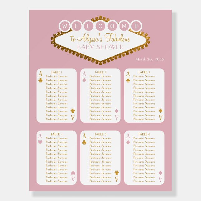 Pink and Gold Casino Baby Shower Seating Chart Foam Board (Front)