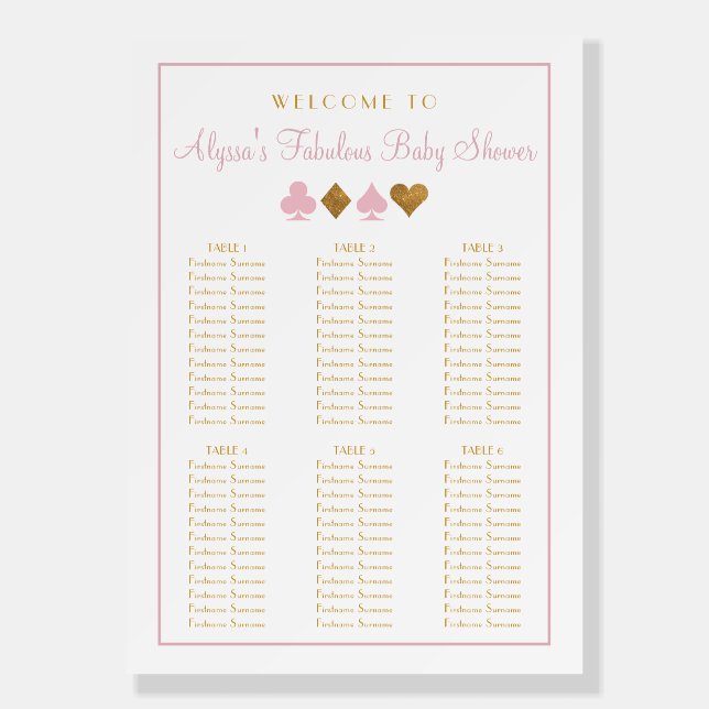 Pink and Gold Casino Baby Shower Seating Chart Foam Board (Front)