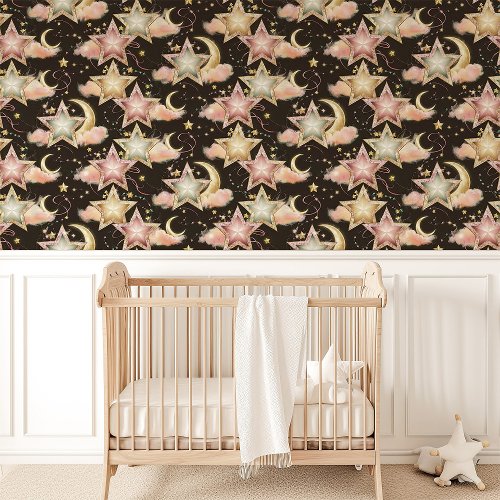 Pink And Gold Celestial Stars And Moons Black Wallpaper