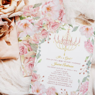 Pink and Gold Chandelier Floral Rose Baby Shower Invitation