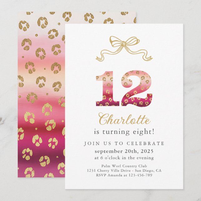 Pink and Gold Cheetah Leopard Print 12th Birthday Invitation (Front/Back)