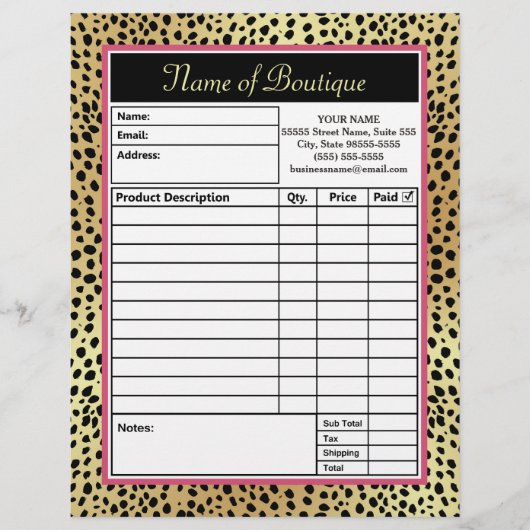 Pink and Gold Cheetah Print Boutique Order Forms (Front)
