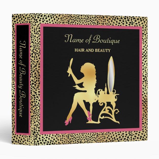 Pink and Gold Cheetah Print Woman Beauty Boutique Binder (Front/Spine)