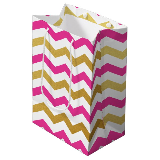 Pink and Gold Chevron Pattern Gift Bag (Front Angled)