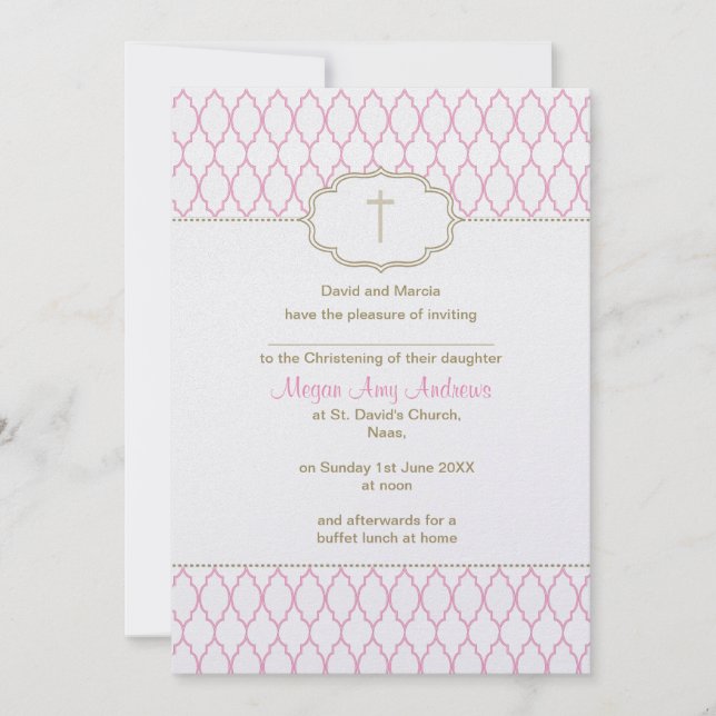 Pink and Gold Christening Baptism Invitation (Front)