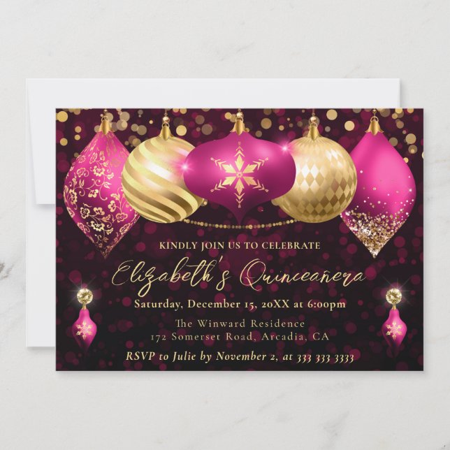 Pink and Gold Christmas Baubles Quinceanera Invitation (Front)