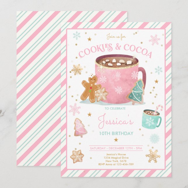 Pink And Gold Christmas Cookies and Cocoa Birthday Invitation (Front/Back)