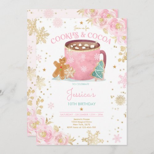 Pink And Gold Christmas Cookies and Cocoa Birthday Invitation