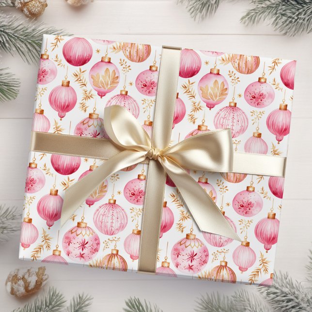 Pink and Gold Christmas Ornaments Wrapping Paper (Creator Uploaded)
