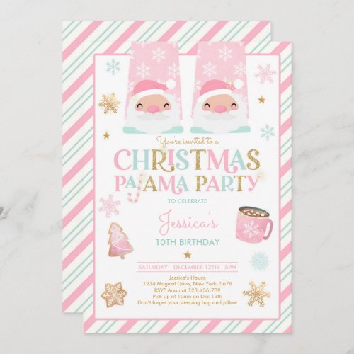 Pink And Gold Christmas Pajama Birthday Party Invitation