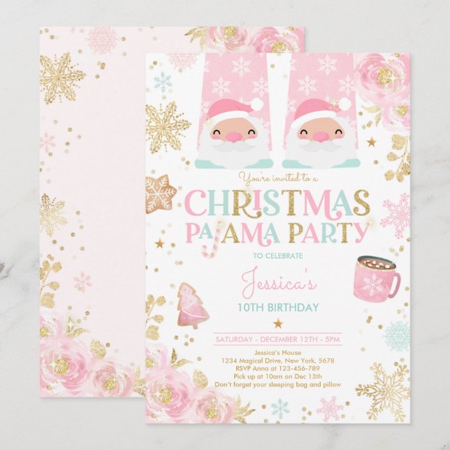 Pink And Gold Christmas Pajama Birthday Party Invitation (Front/Back)