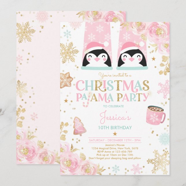 Pink And Gold Christmas Pajama Birthday Party Invitation (Front/Back)