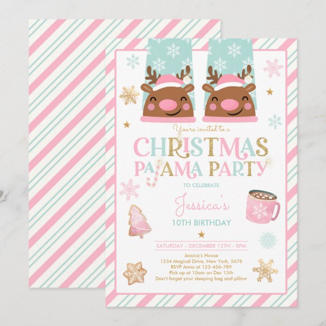 Pink And Gold Christmas Pajama Birthday Party Invitation (Front/Back)