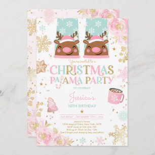 Pink And Gold Christmas Pajama Birthday Party Invitation