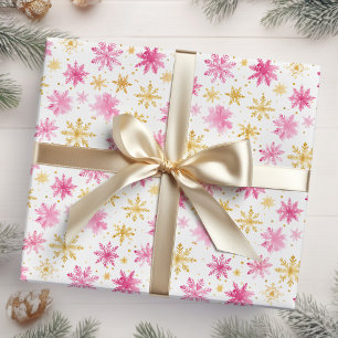 Pink and Gold Christmas Snowflakes Wrapping Paper