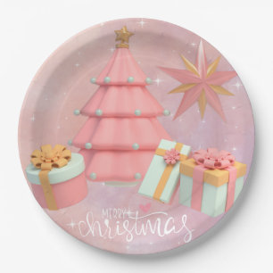 Pink And Gold Christmas Tree And Stars Paper Plates