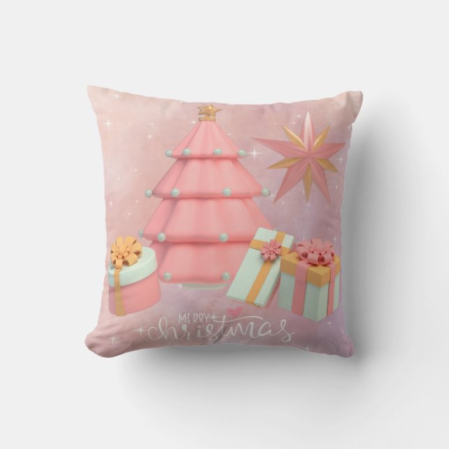 Pink And Gold Christmas Tree And Stars Throw Pillow (Front)