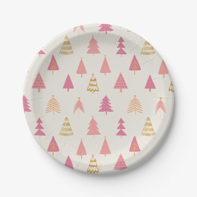 Pink and Gold Christmas Trees  Paper Plates (Front)