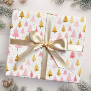 Pink and Gold Christmas Trees Wrapping Paper