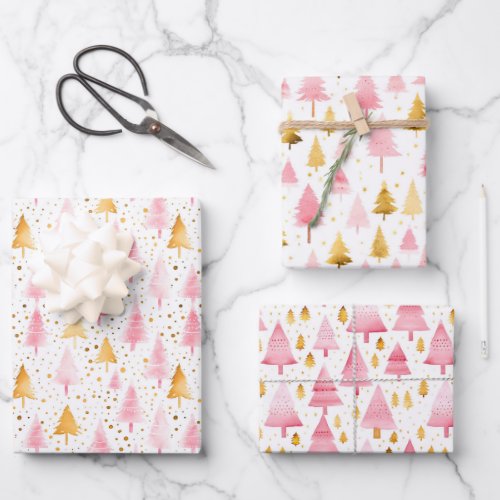 Pink and Gold Christmas Trees Wrapping Paper Sheets