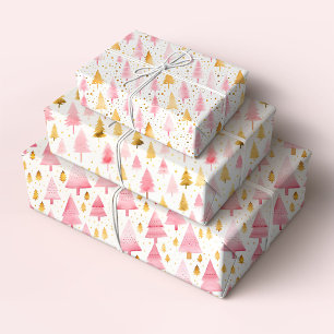 Pink and Gold Christmas Trees Wrapping Paper Sheets