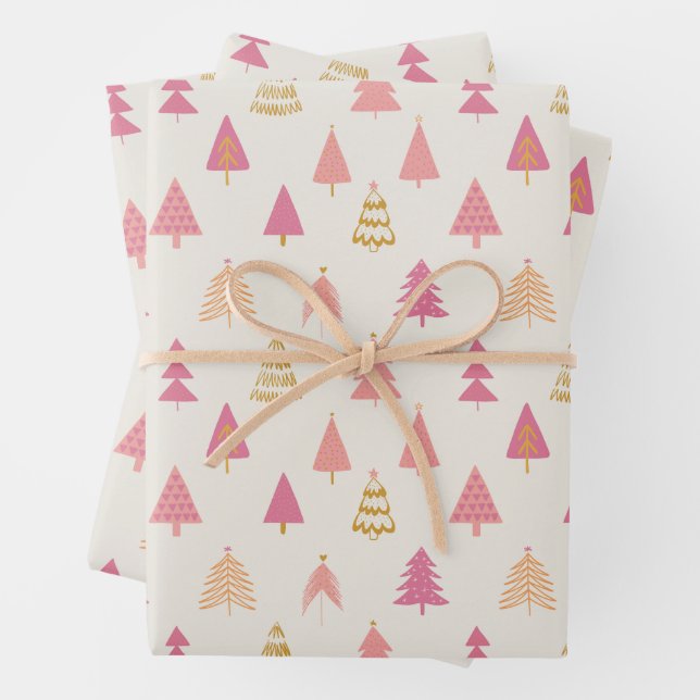 Pink and Gold Christmas Trees  Wrapping Paper Sheets (In situ)