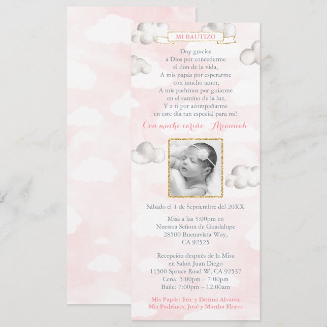 Pink and Gold Clouds Baptism Latina Bautismo Invitation (Front/Back)