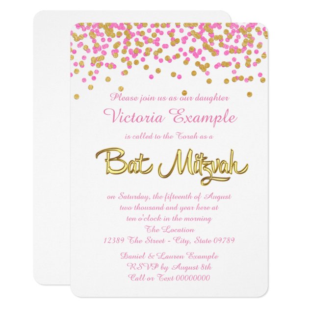 Pink And Gold Confetti Bat Mitzvah Invitation