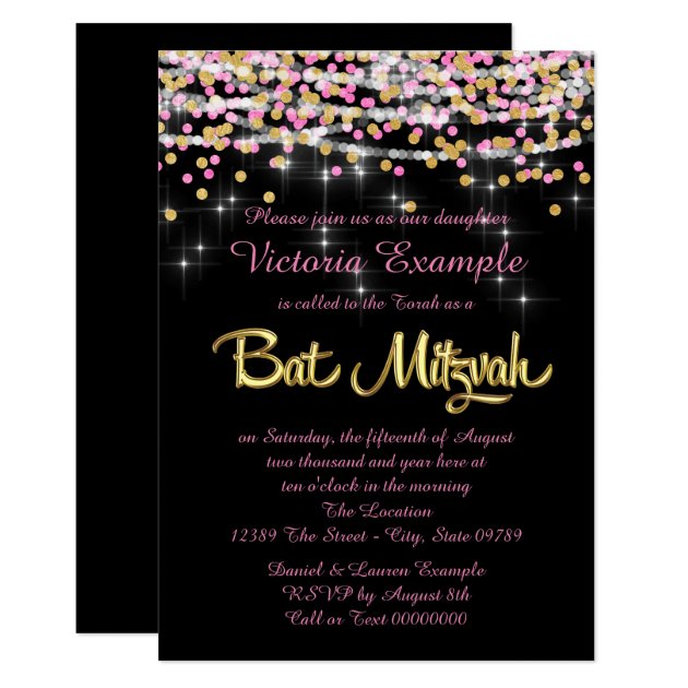 Pink And Gold Confetti Bat Mitzvah Invitation