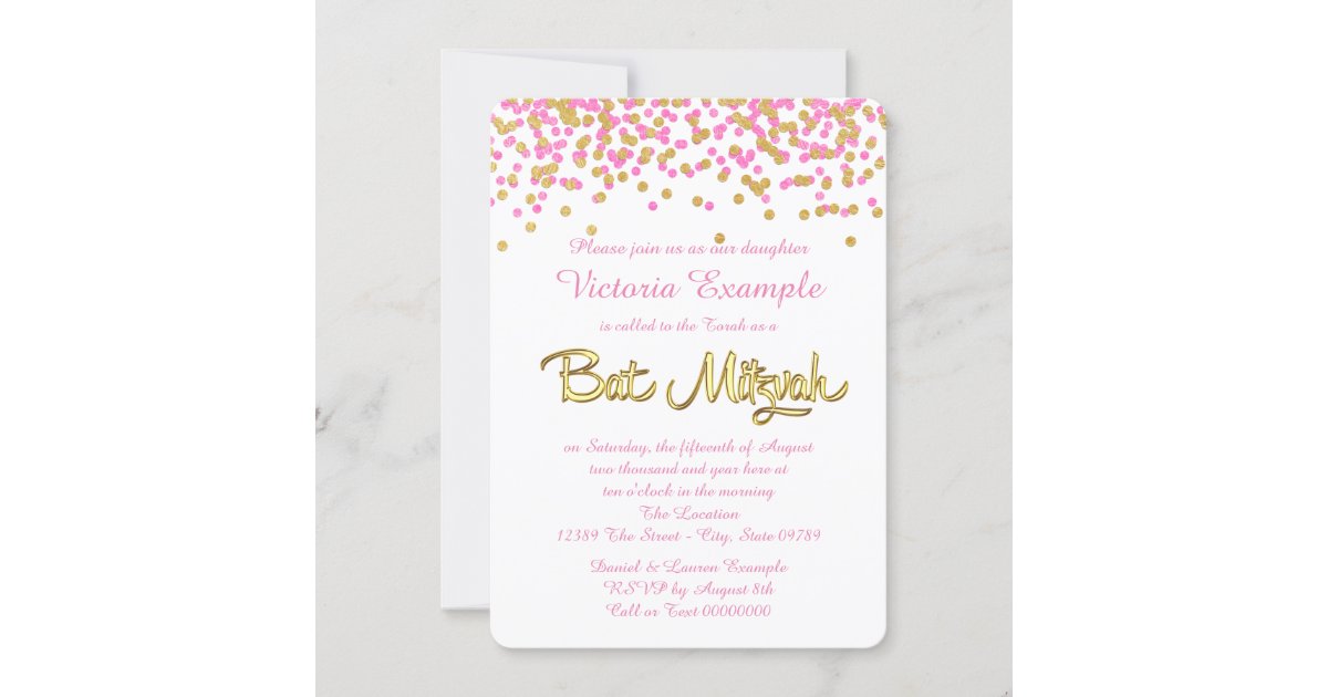 Pink and Gold Confetti Bat Mitzvah Invitation | Zazzle