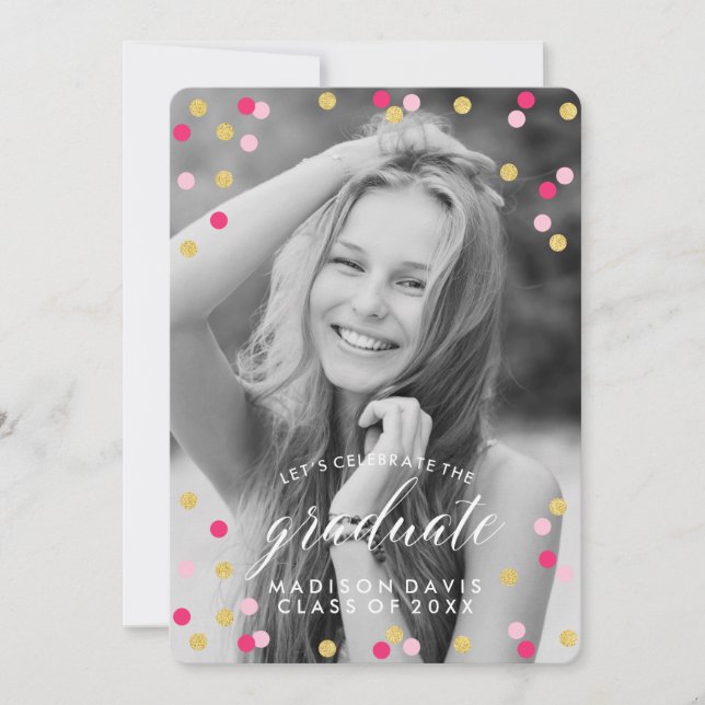 Pink and Gold Confetti Chalkboard Photo Graduation Invitation (Front)