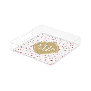 Pink and Gold Confetti Dots Monogram Acrylic Tray