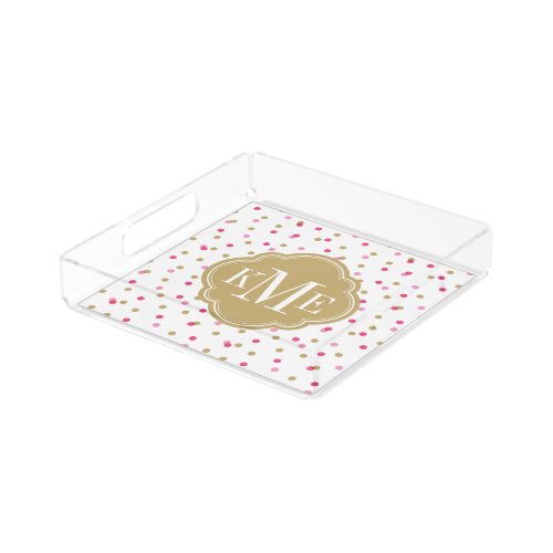 Pink and Gold Confetti Dots Monogram Acrylic Tray