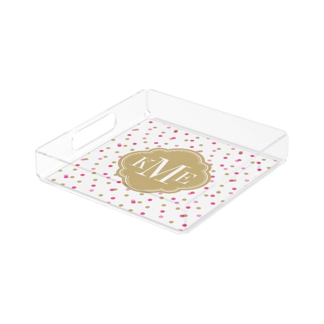 Pink and Gold Confetti Dots Monogram Acrylic Tray (Angled)