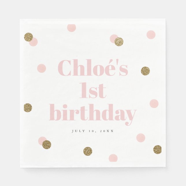 Pink and gold confetti first birthday party napkins (Front)