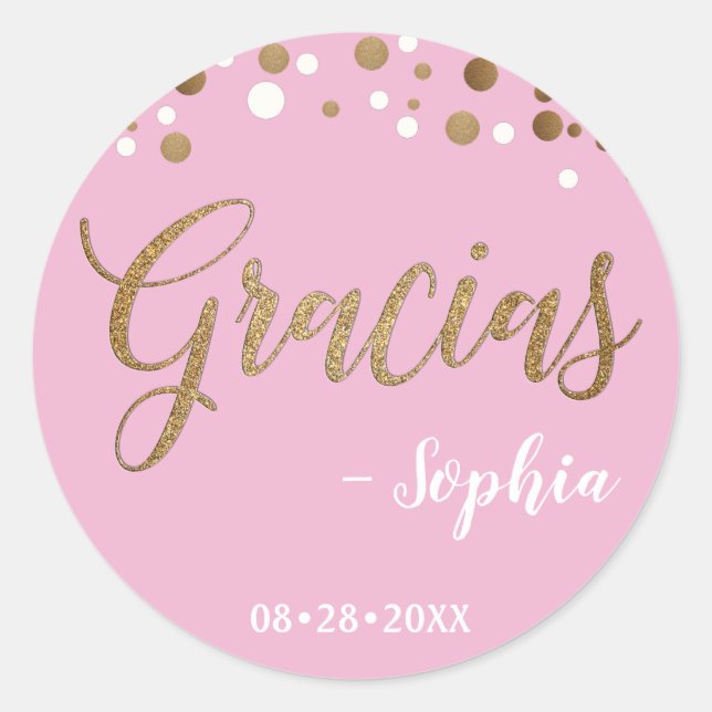 Pink and Gold Confetti Gracias Thank You birthday Classic Round Sticker (Front)
