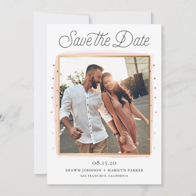 Pink and Gold Confetti Photo Save the Date Card (Front)
