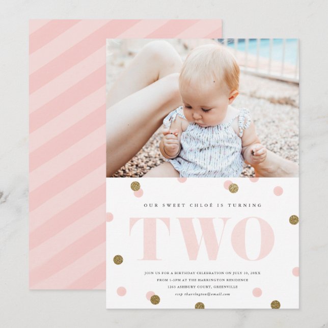 Pink and gold confetti second birthday party  invitation (Front/Back)