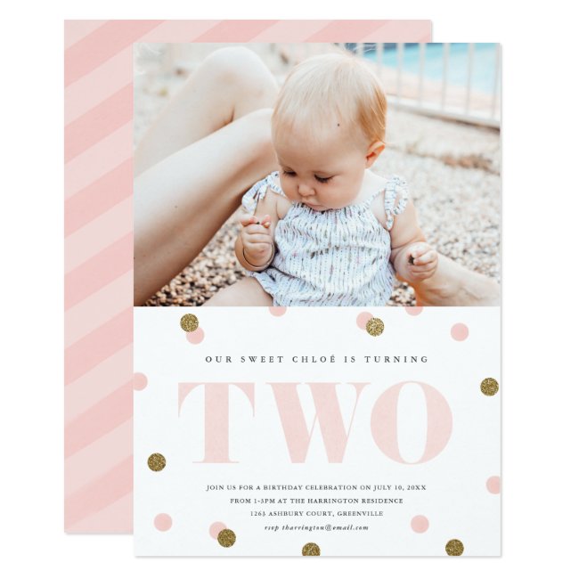 Pink and gold confetti second birthday party photo invitation