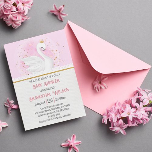Pink and Gold Confetti Swan Princess Baby Shower Invitation