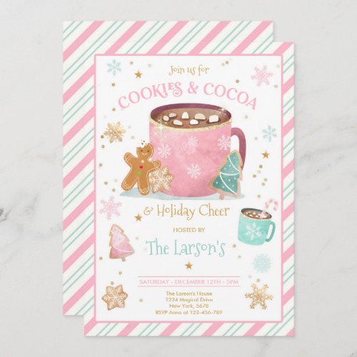 Pink And Gold Cookies And Hot Cocoa Holiday Party Invitation