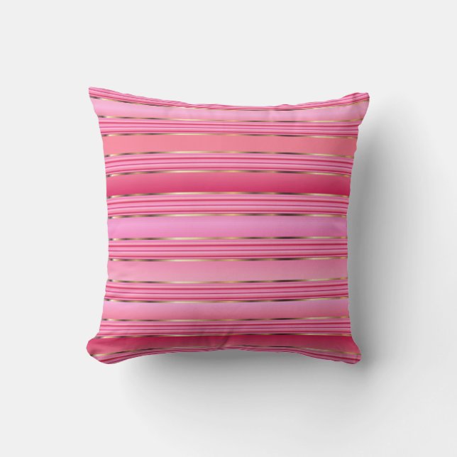 Pink and Gold Cotton Candy Pink Stripes Throw Pillow (Front)