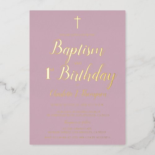 Pink and gold cross Baptism and 1st birthday Foil Holiday Card