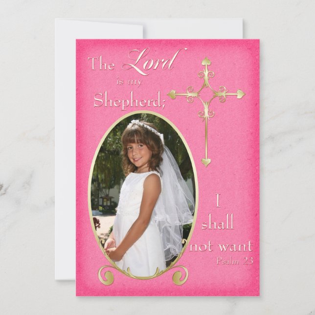 Pink and Gold Cross Photo Communion Announcement (Front)