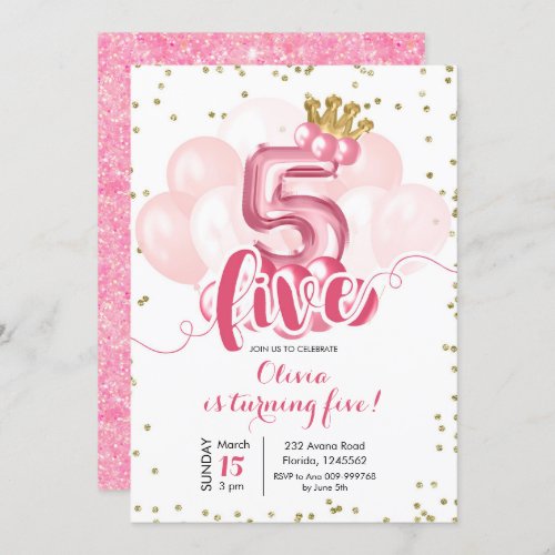 Pink and Gold Crown Balloon 5th Birthday Invitatio Invitation